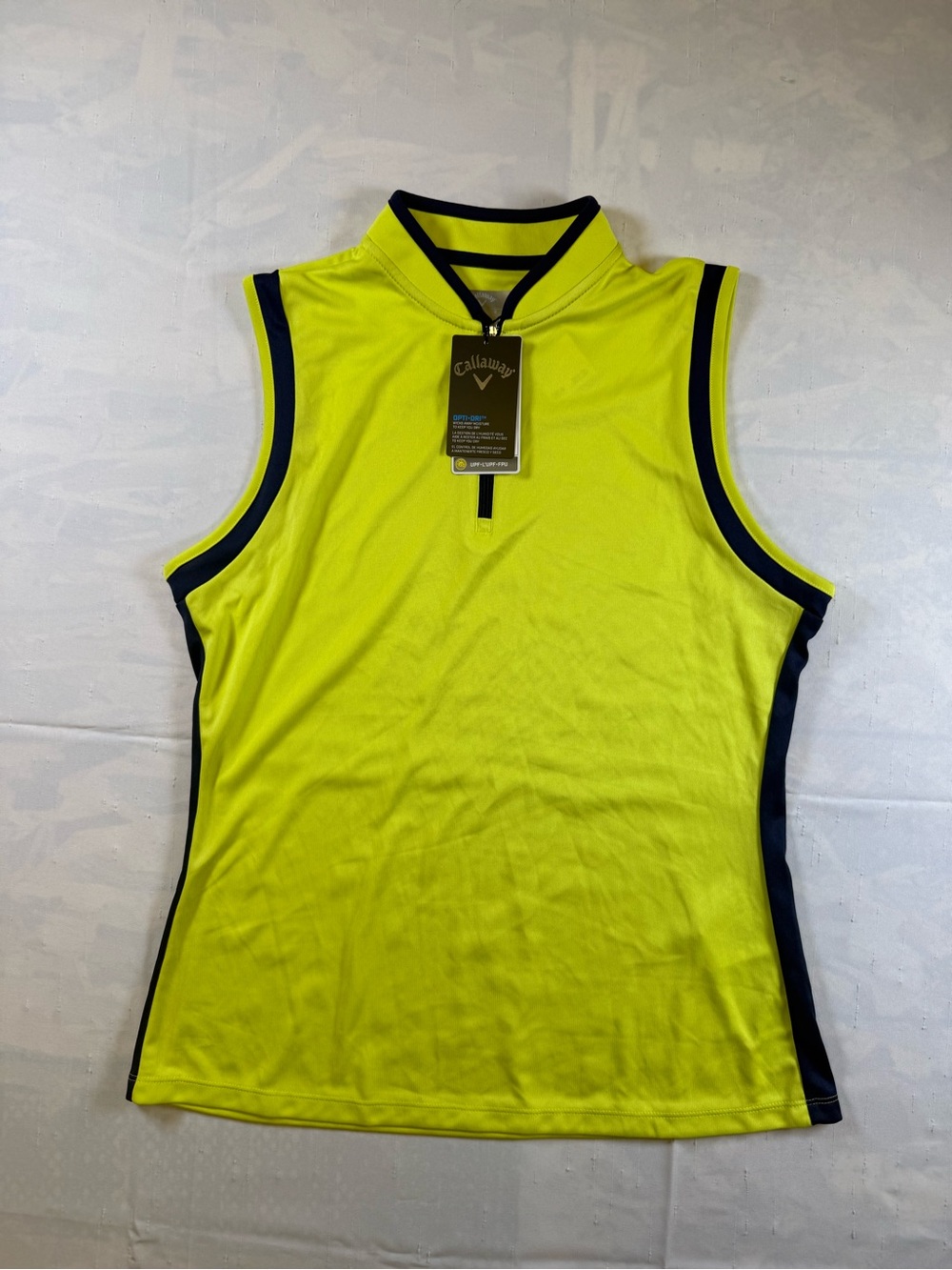 Callaway Opti Dri Neon Yellow Sleeveless Golf Polo Navy Trim Moisture Wick UPF50